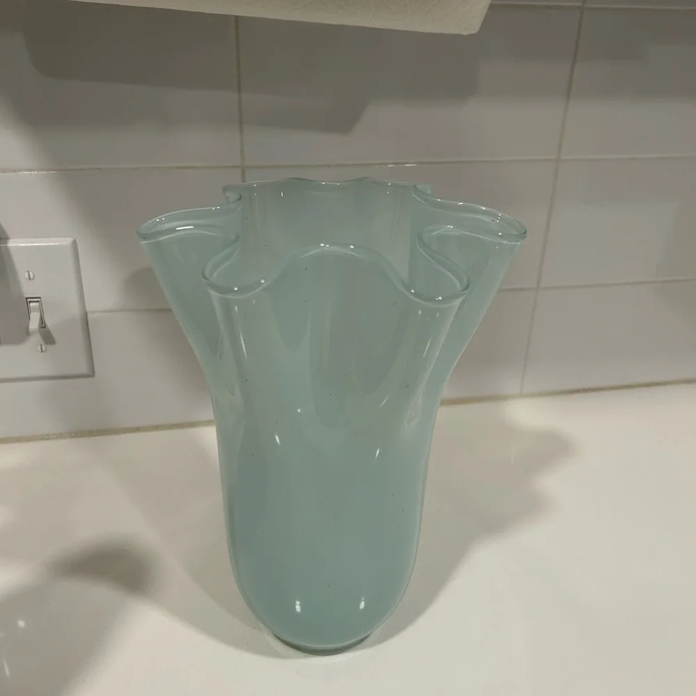 Vintage pale blue art glass vase wavy design